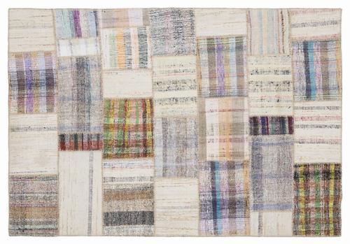 Bej Patchwork Etnik Modern Desenli Yün Hav Toz Vermez Leke Tutmayan Salon Yolluk Mutfak El Dokuma Halı