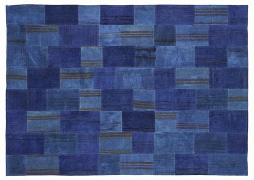 Mavi Patchwork Etnik Modern Desenli Yün Hav Toz Vermez Leke Tutmayan Salon Yolluk Mutfak El Dokuma Halı