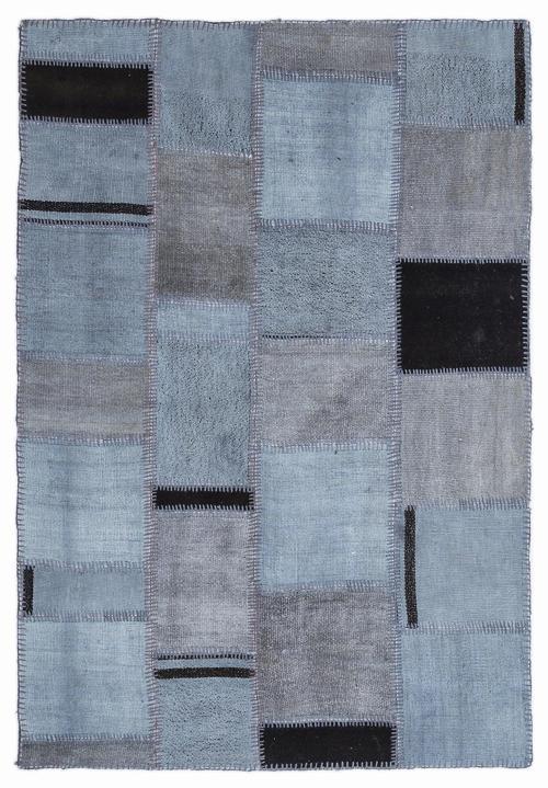 Teselya Mavi Patchwork Etnik Modern Desenli Yün Hav Toz Vermez Leke Tutmayan Salon Yolluk Mutfak El Dokuma Halı
