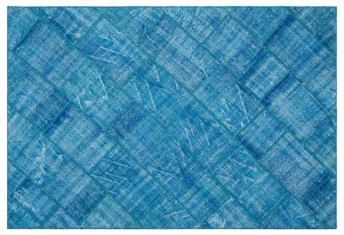 Mavi Patchwork Etnik Modern Desenli Yün Hav Toz Vermez Leke Tutmayan Salon Yolluk Mutfak El Dokuma Halı