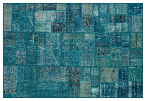 Mavi Patchwork Etnik Modern Desenli Yün Hav Toz Vermez Leke Tutmayan Salon Yolluk Mutfak El Dokuma Halı