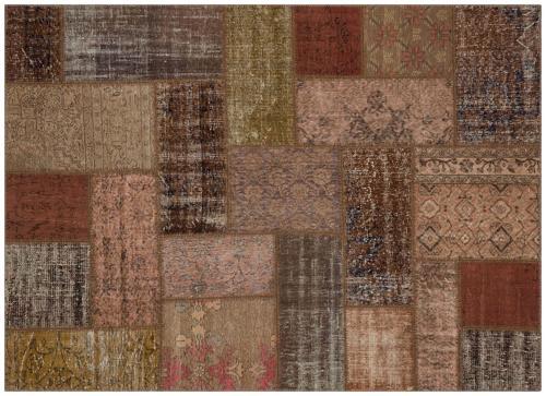 Kahverengi Patchwork Etnik Modern Desenli Yün Hav Toz Vermez Leke Tutmayan Salon Yolluk Mutfak El Dokuma Halı