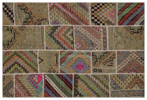 Kahverengi Patchwork Etnik Modern Desenli Yün Hav Toz Vermez Leke Tutmayan Salon Yolluk Mutfak El Dokuma Halı