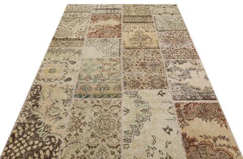 Bej Patchwork Etnik Modern Desenli Yün Hav Toz Vermez Leke Tutmayan Salon Yolluk Mutfak El Dokuma Halı