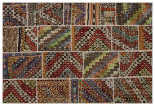 Kahverengi Patchwork Etnik Modern Desenli Yün Hav Toz Vermez Leke Tutmayan Salon Yolluk Mutfak El Dokuma Halı