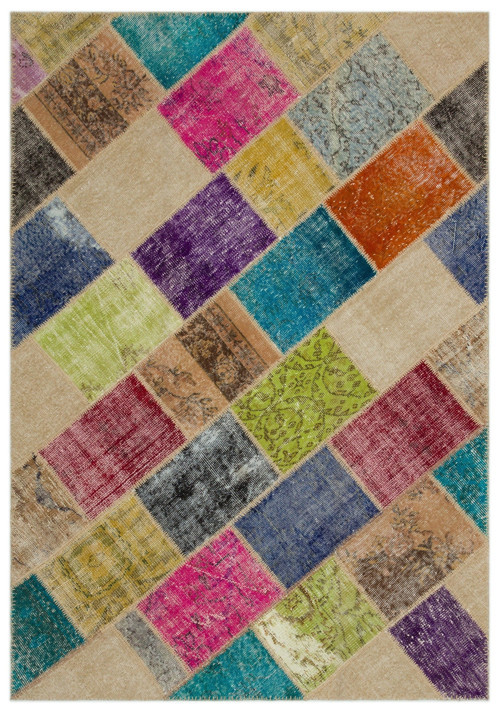 Iskece Bej Patchwork Etnik Modern Desenli Yün Hav Toz Vermez Leke Tutmayan Salon Yolluk Mutfak El Dokuma Halı