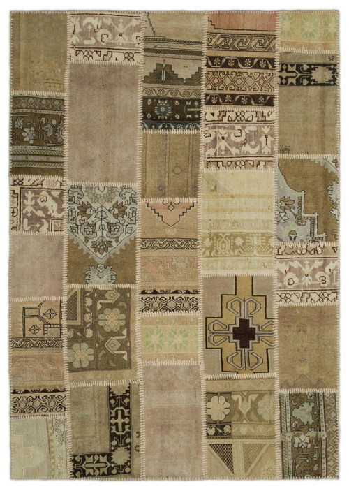 Iskece Bej Patchwork Etnik Modern Desenli Yün Hav Toz Vermez Leke Tutmayan Salon Yolluk Mutfak El Dokuma Halı