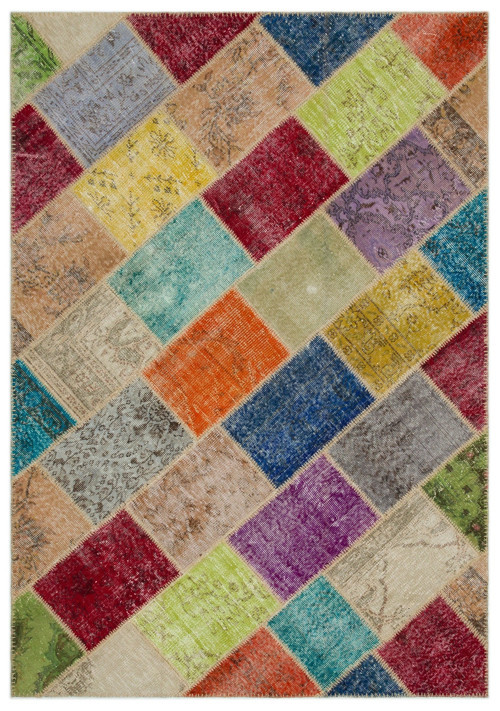 Iskece Bej Patchwork Etnik Modern Desenli Yün Hav Toz Vermez Leke Tutmayan Salon Yolluk Mutfak El Dokuma Halı