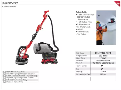 DMJ700C13FT Katlanabilir Çantalı Ledli Duvar Zımpara