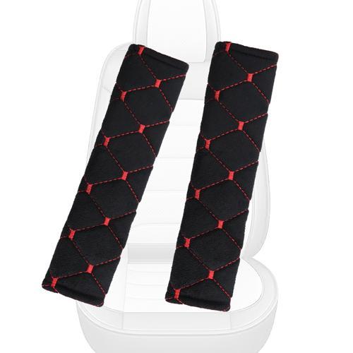 Kırmızı Baklava Desenli Yumuşak Siyah Kumaş Emniyet Kemer Kılıfı Çift Takım KMKD-01