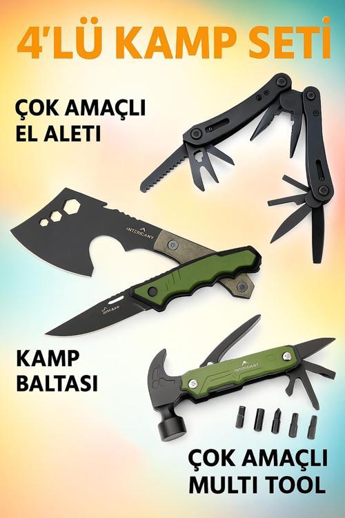 Kamp Seti, Kamp Baltası, Kamp Bıçağı, Çok Amaçlı El Aleti, Çok Amaçlı Çekiç, Multi Tool - 4 parça