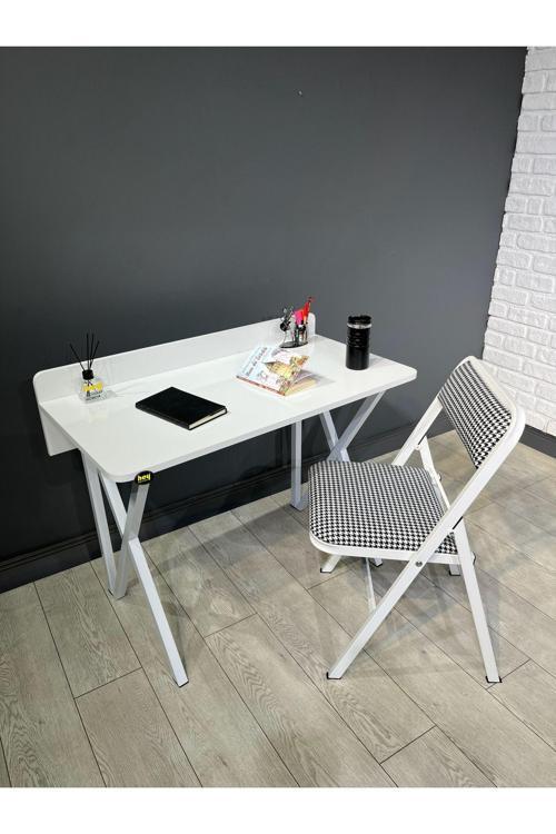 Buse Çalışma Masası Ofis Bilgisayar Masası + Katlanır Sandalyeli 103 cm Metal Beyaz Ayak