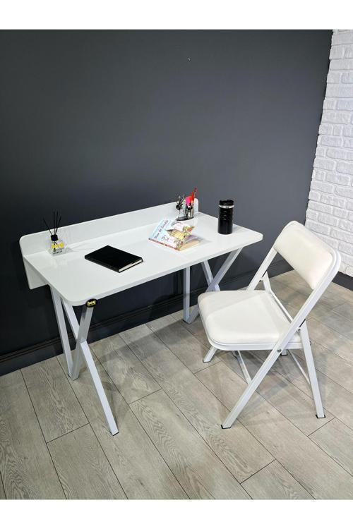 Buse Çalışma Masası Ofis Bilgisayar Masası + Katlanır Sandalyeli 103 cm Metal Beyaz Ayak