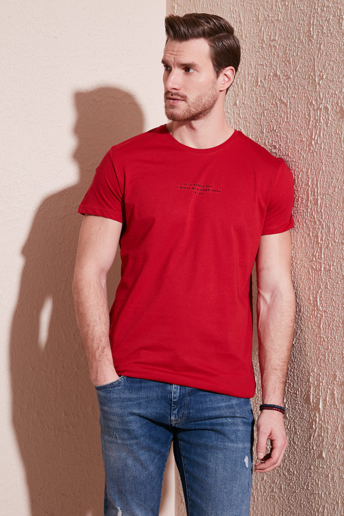 Pamuklu Slim Fit Bisiklet Yaka Erkek T Shirt 541IFIT KIRMIZI