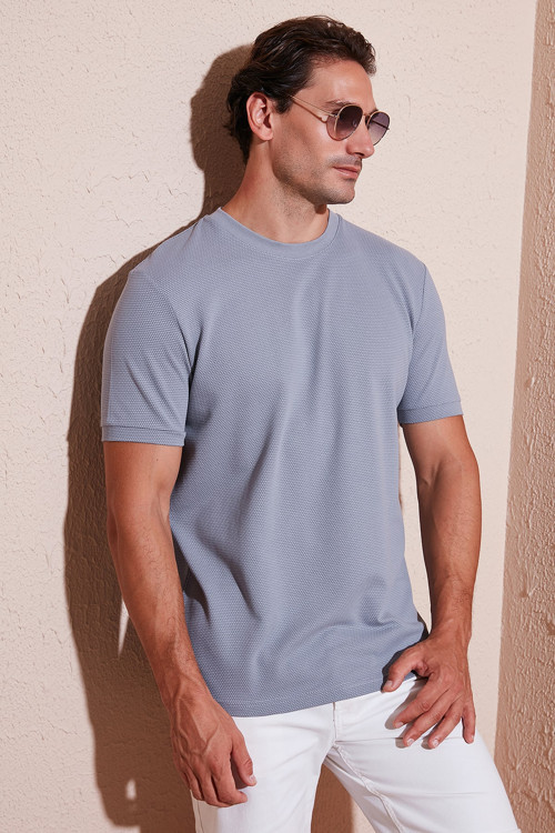Streç Pamuklu Slim Fit Sıfır Yaka Erkek T Shirt 5902639 AÇIK GRİ