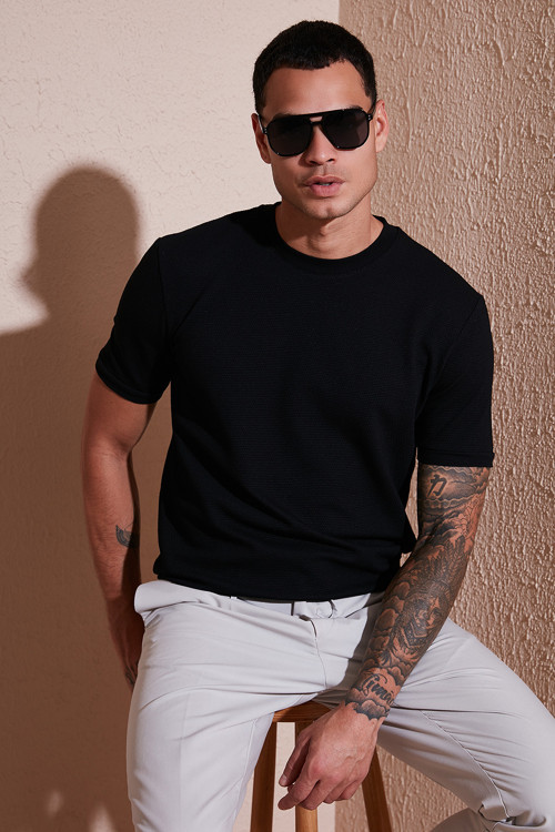 Streç Pamuklu Slim Fit Sıfır Yaka Erkek T Shirt 5902639 SİYAH