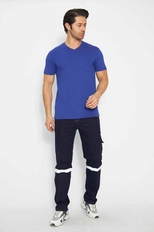 T-shirt V Yaka Kısakol %100 Pamuk Cepli Sax Mavi