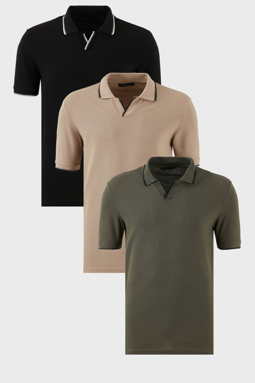 Pamuklu Regular Fit Şerit Detaylı 3'lü Paket Erkek Polo Yaka T Shirt 5902964S3 Siyah-Vizon-Haki