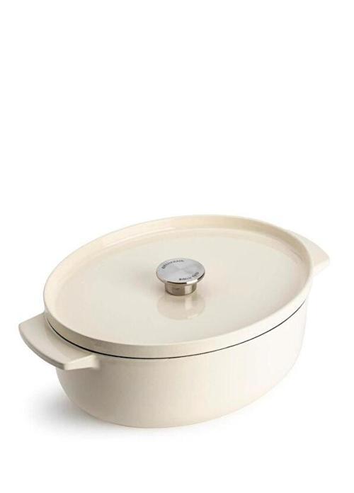 Krem Rengi Oval Döküm Demir Tencere 30 cm