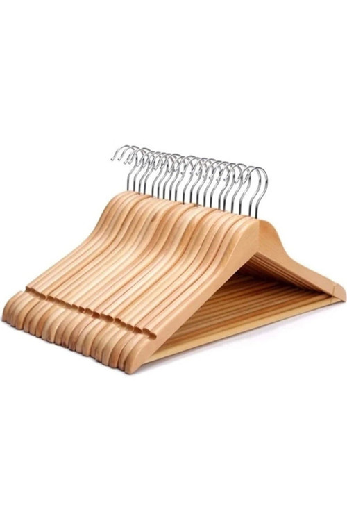 Ahşap Elbise Askı 12 Li Set Doğal Renk Naturel Cs1005H