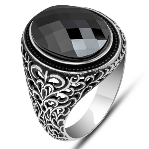 Gümüş Siyah Zirkon Taşlı Oval Erkek Yüzük SL5725