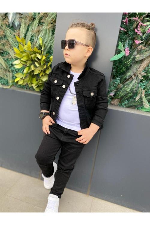 ERKEK ÇOCUK KOT CEKET & KOT PANTOLON 3 PARÇA KOMBİN-SİYAH