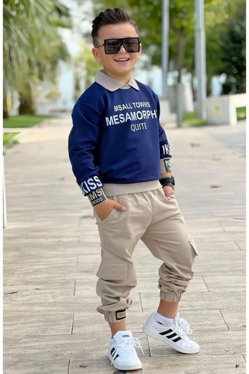 GÖMLEK YAKA SWEATSHIRT VE GABARDİN KARGO PANTOLON ERKEK ÇOCUK KOMBİN