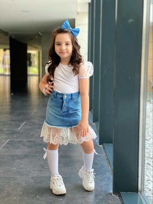KIZ ÇOCUK KARPUZ KOL BLUZLU DANTEL DETAY KOT ETEKLİ ALT ÜST TAKIM 541236987