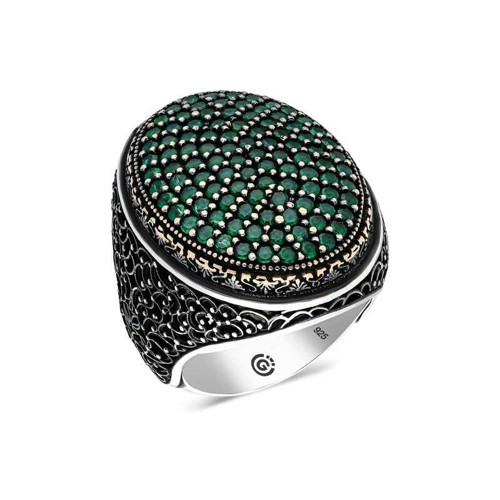Gümüş Yeşil Zirkon Taşlı Oval Erkek Yüzük SL4508