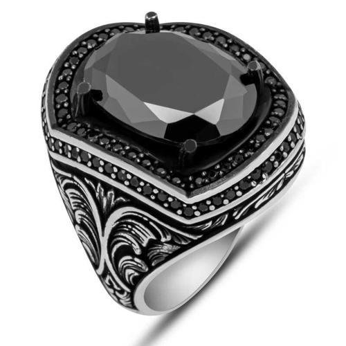 Gümüş Siyah Zirkon Taşlı Oval Erkek Yüzük  SL5729