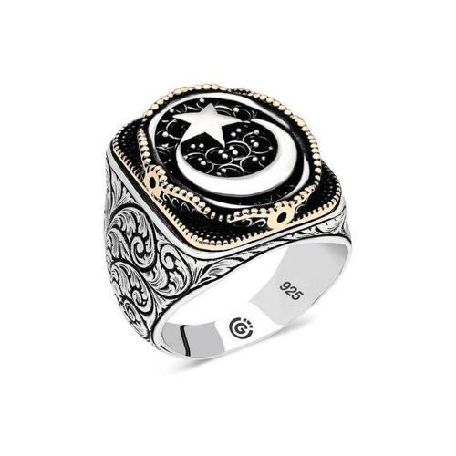 Gümüş Ay yıldız Oval Erkek Yüzük  SL4668