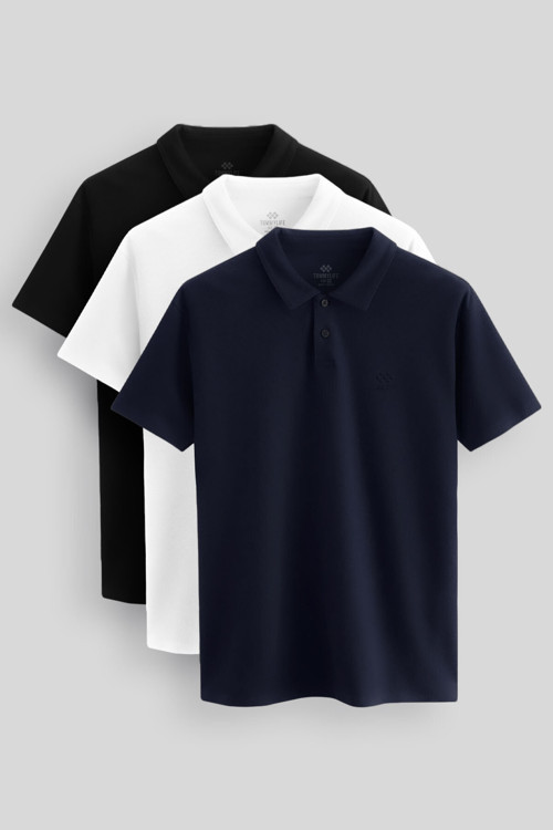 Standart Fit Basic Polo Yaka 3lü Paket Siyah-Beyaz-Lacivert Erkek T-Shirt 87748