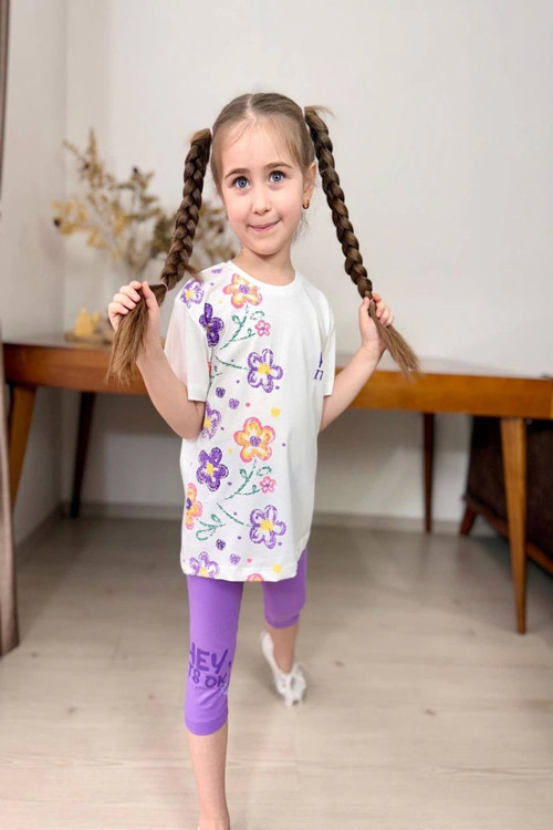 Yeni Sezon Çiçek Desenli Lila Renk Kapri Taytlı Kız Çocuk Takım
