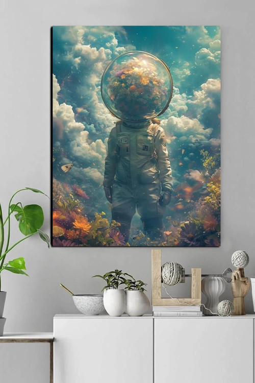 Çiçek Astronot Kanvas Tablo Çok Renkli 35 x 50