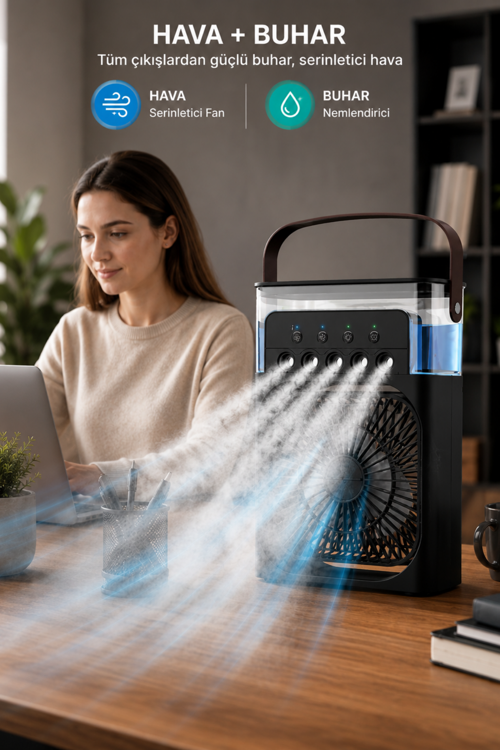Glr HR001 Siyah Buzlu Vantilatör Mini Fan 5 Spreyli Su Püskürtmeli 600 ML Buhar Makinesi Nemlendiric