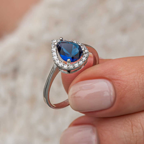 Gümüş Damla Safir Taşlı Kadın Yüzük SL12643