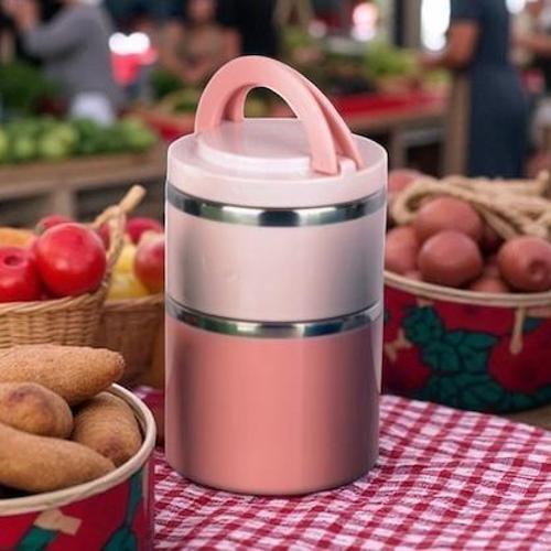 Tohana kulplu çelik sefer tası - yemek termosu saklama kabı 2 katlı pembe 930 ml.