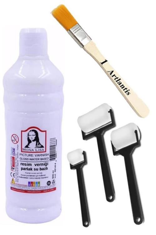 Resim Verniği 500 ml Su Bazlı 1 Adet Zemin Fırçası ve Rulo Fırça Resim Parlatıcı Vernik Hobi Sanat Akrilik Guaj Yağlı Bo