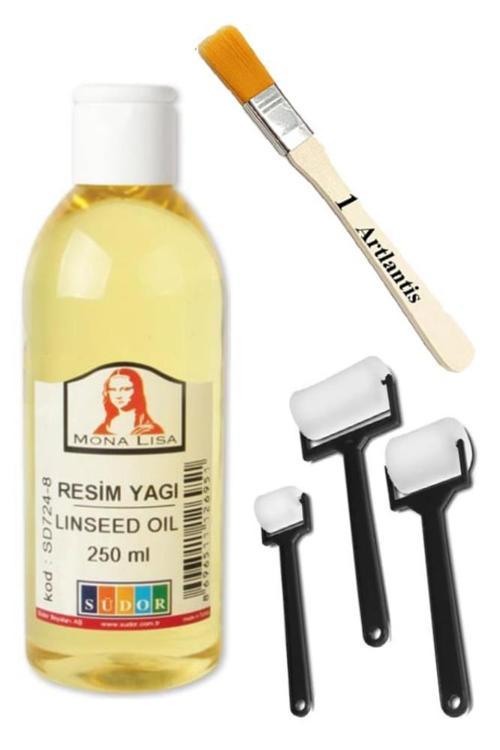 Keten Yağı 250 ml 1 Adet Zemin Fırçası ve Rulo Fırça Resim Yağı Monalisa Rafine Bezir Yağı Yağlı Boya İncelticisi Yağlı 