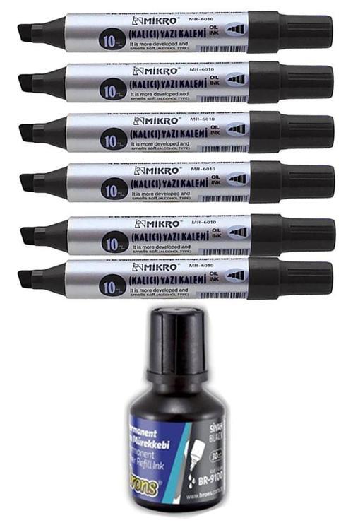 Siyah 10 mm Kesik Uçlu Markör Permanent Kalem 6 Adet ve Siyah Mürekkep 1 Adet Çuval Koli Kalemi