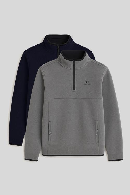 Dik Yaka Yarım Fermuarlı 2li Paket Lacivert-Gri Melanj Erkek Polar Sweatshirt - 87891