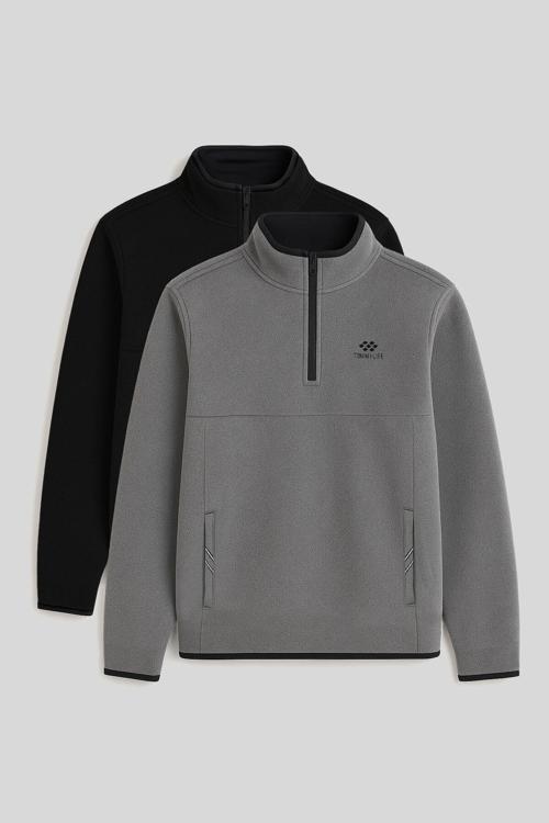 Dik Yaka Yarım Fermuarlı 2li Paket Siyah-Gri Melanj Erkek Polar Sweatshirt - 87891