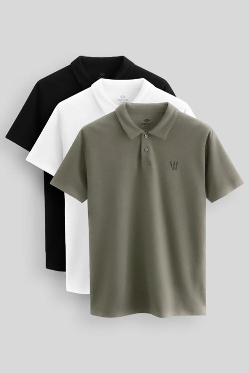 Standart Fit Basic Polo Yaka 3lü Paket Siyah-Beyaz-Çağla Erkek T-Shirt 87768