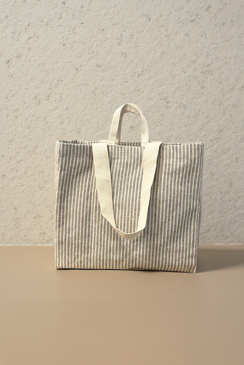 Beach Bag Çizgili Çift Çepli Keten Çanta