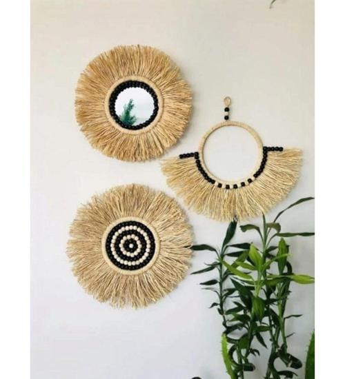 üçlü rafya siyah boncuklu duvar süsü