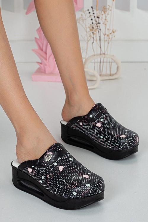Siyah Steleskop Desenli Kadın Sabo Airmax Ortopedik Ve Anatomik Yapılı Rahat Ve Konforlu Terlik