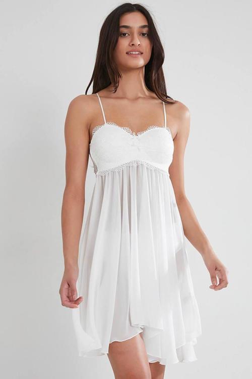 Tül Gipürlü Kadın Gecelik 880 Ekru