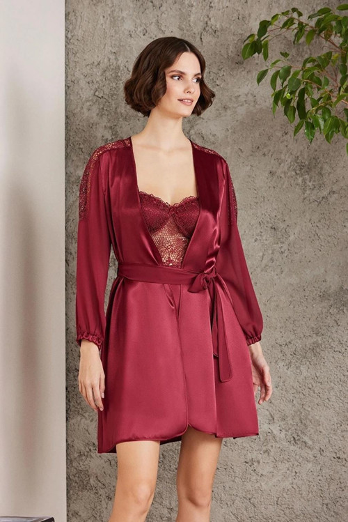 Saten Gecelik Sabahlık Pijama Şort 6'lı Gelin Çeyiz Seti Bordo 6005