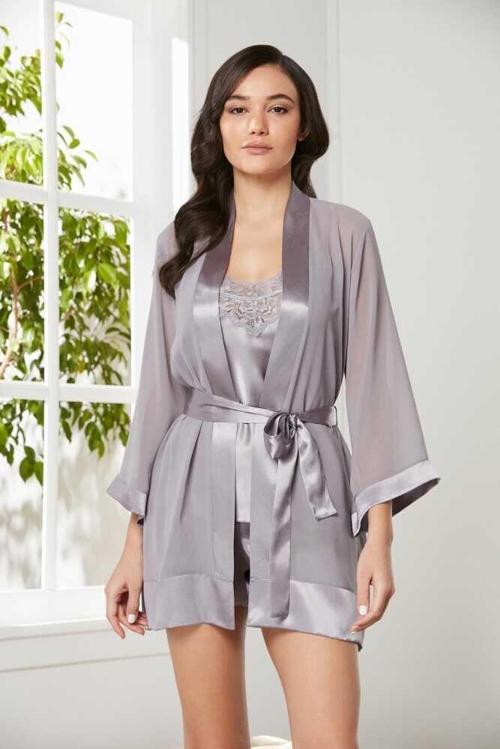 3'lü Saten Dantelli Şort Ve Şifon Dantelli Sabahlık Takımı 2475