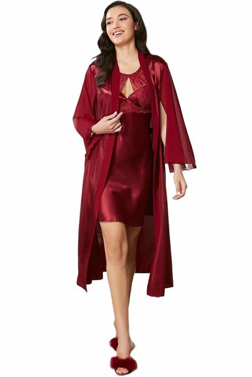Saten Dantelli Gecelik ve Sabahlık Takımı 4375 Bordo